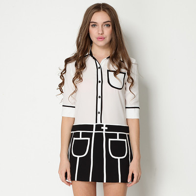 歐美大牌假兩件七分袖連衣裙 翻領(lǐng)小香風(fēng)拼接條紋襯衣裙夏裝新款